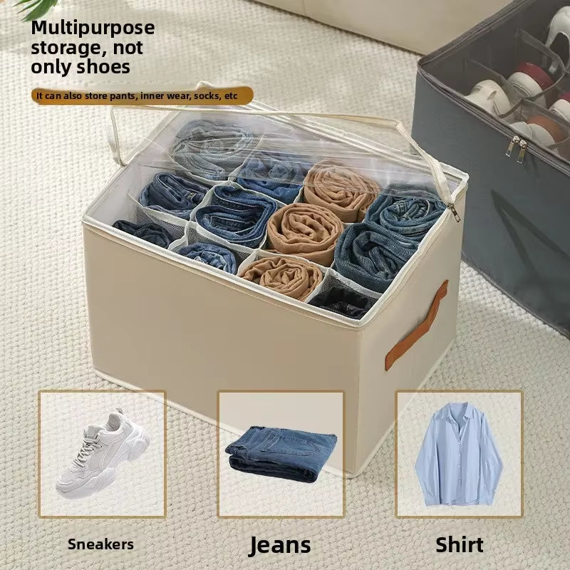 Multifunctional Grid Storage Shoe Box Cross-Border Foldable Fabric with Cover Dustproof and Washable Sundries Storage Box