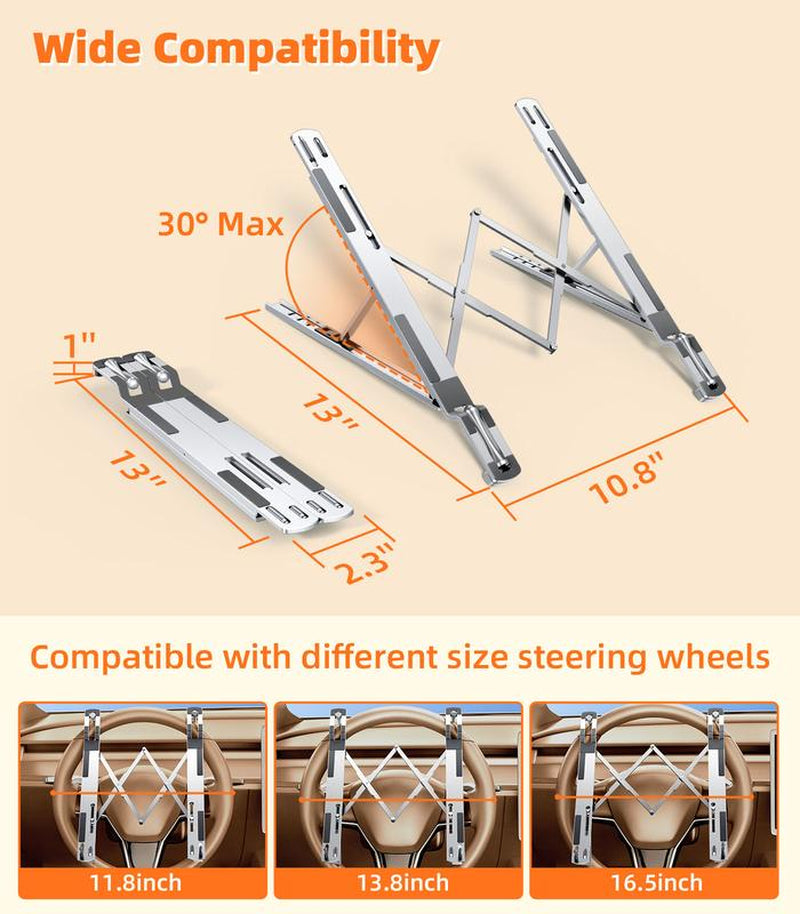 Remilar Car Laptop Mount Steering Wheel Tray Holder, Height Adjustable Car Desk for Laptop Computer Tablet, Foldable Portable Lap Laptop Stand for Car Vehicle Workstation Accessories Truck SUV Tesla